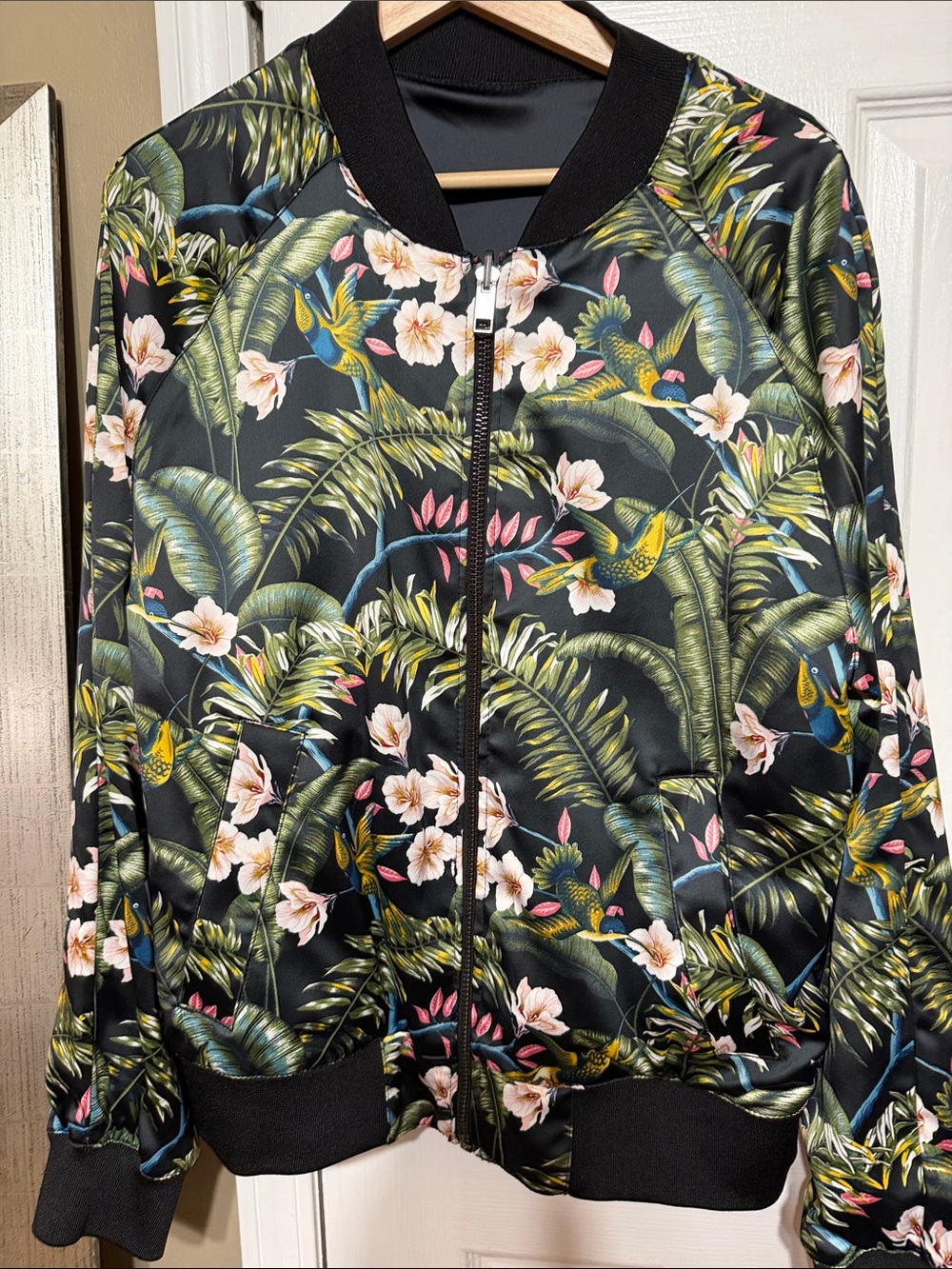 H&M Black Floral Hummingbirds Tropical Bomber Jacket